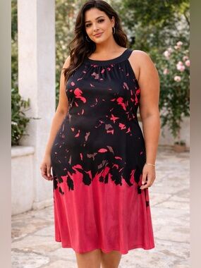 Penningtons Plus Size 3X Black Pink Ombre Dress Sleeveless Stretch Midi